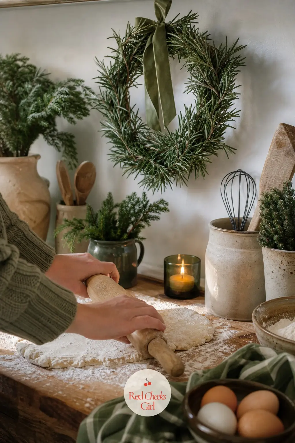 The Baking Station, Dressed With a Rosemary Wreath — A small rosemary wreath hung above the baking counter, rather than on the door, scents the whole kitchen