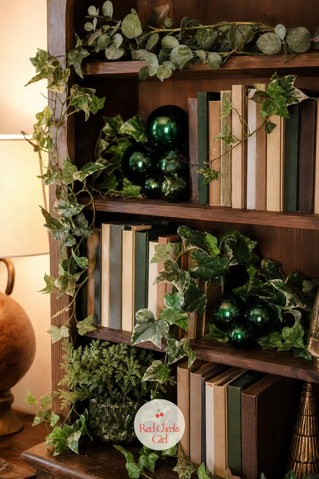 The Bookshelf, Styled With Trailing Ivy and Glass Baubles — A trailing faux ivy, threaded between the books rather than draped over them, lets the deepest