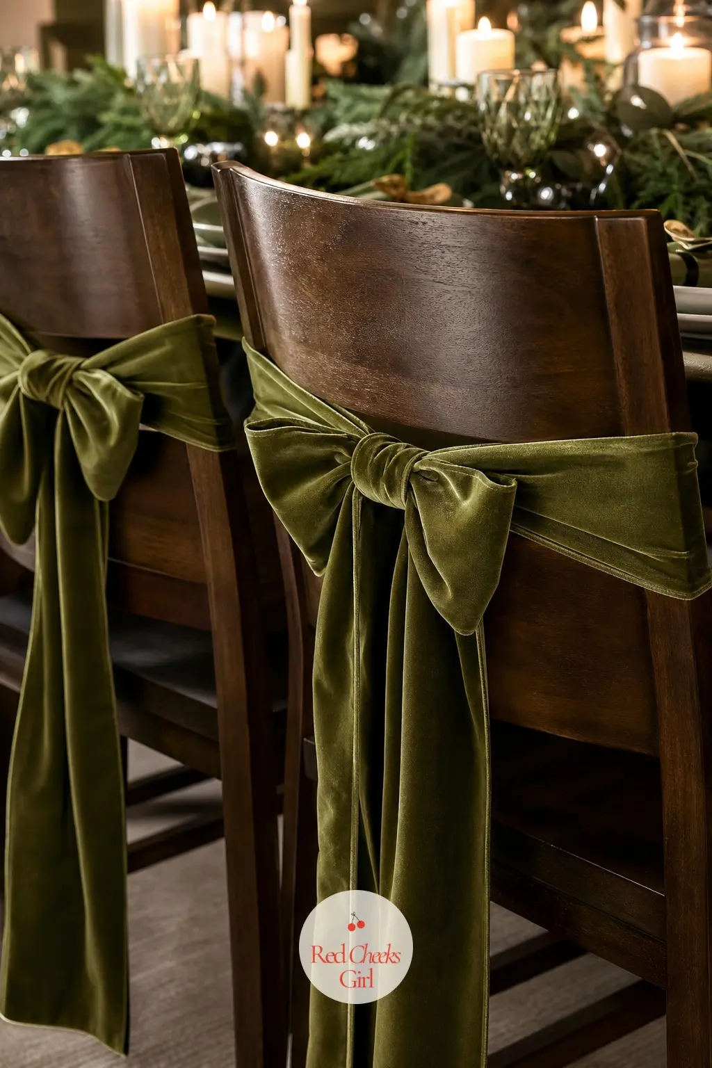 The Chair Backs, Tied With Olive Velvet Bows — A single olive velvet bow tied to the back of each dining chair repeats the ribbon from the mantel in a