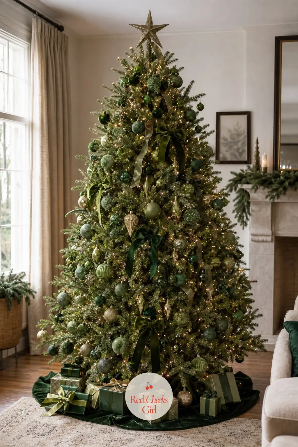 The Christmas Tree, Trimmed in Three Shades of Green — One tree, dressed only in its own family: sage glass, olive velvet bows and emerald baubles layered from