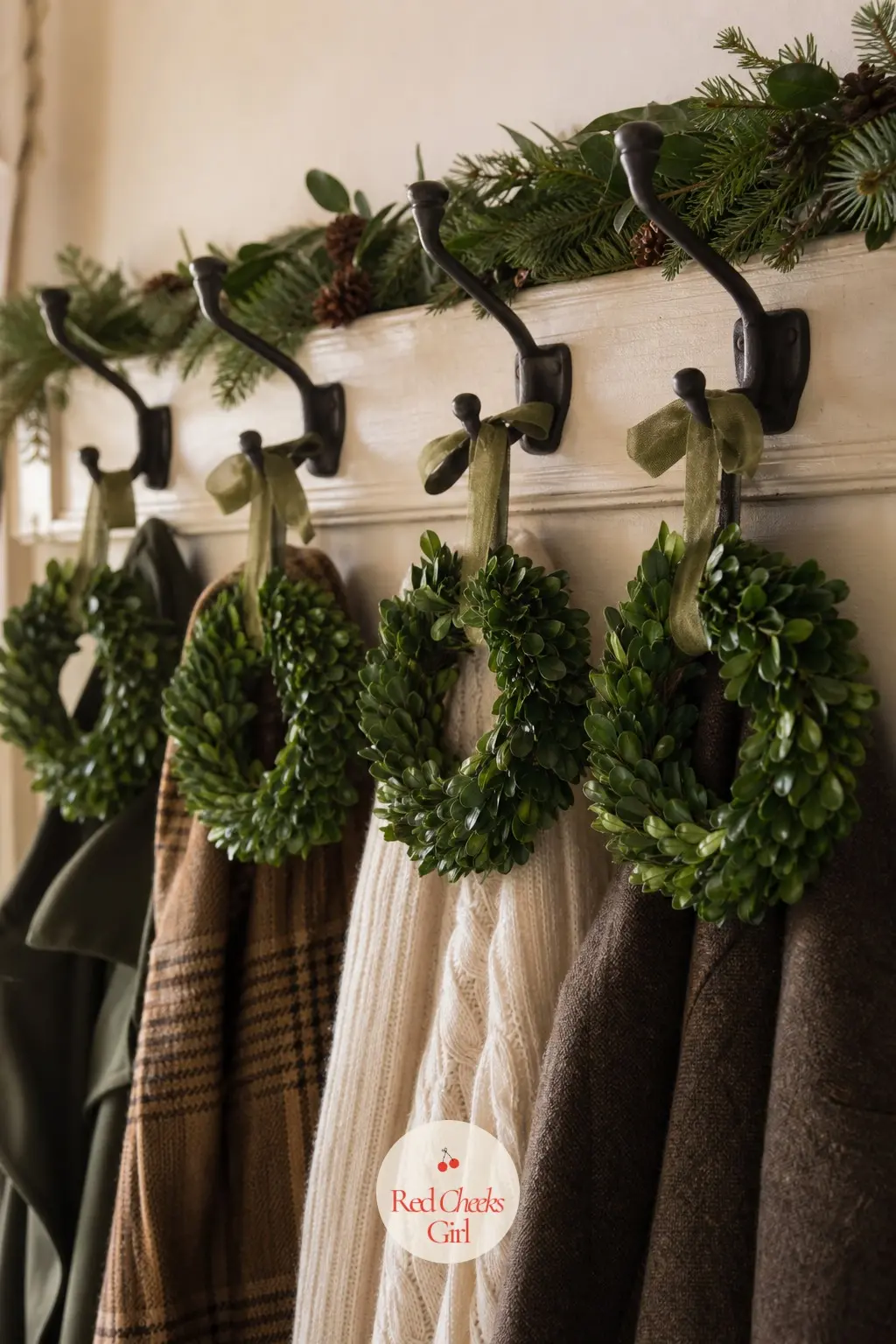 The Coat Hooks, Hung With Mini Boxwood Wreaths — A small boxwood wreath on each coat hook turns a strictly functional corner into one more spot carrying the