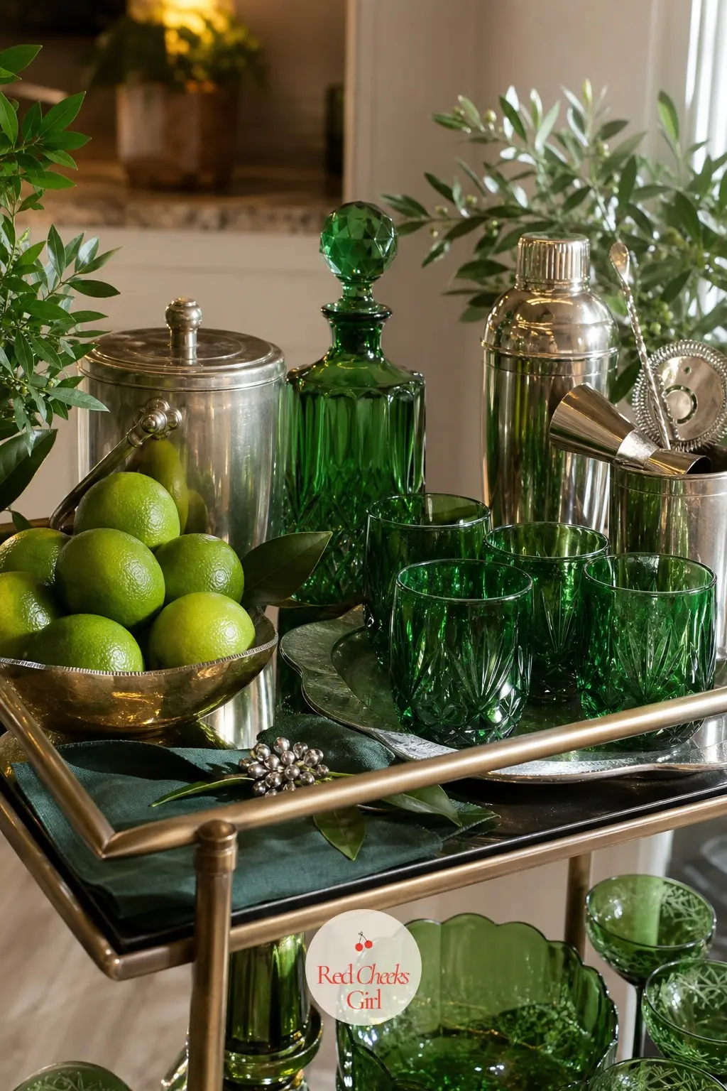 The Drinks Cart, Styled in Green Glassware and Citrus — Emerald glassware on the drinks cart catches more light than any other object in the kitchen, and a