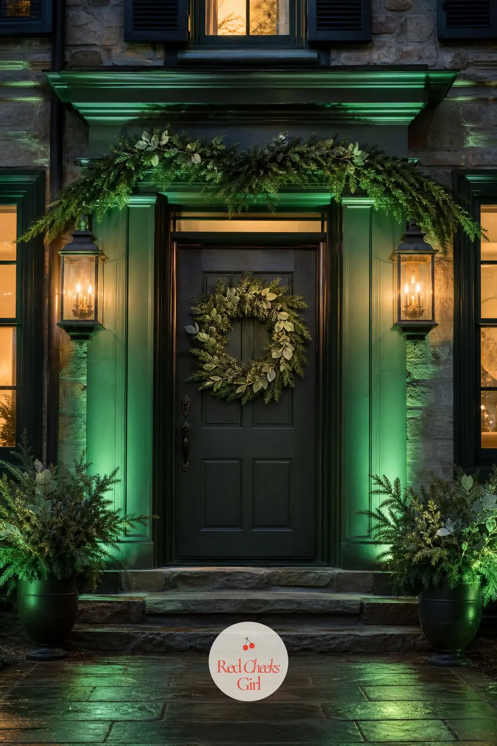 The Facade, Washed in Emerald Uplight — Ground spotlights with a green-tinted lens wash the brick or siding in a soft emerald glow, far subtler than coloured