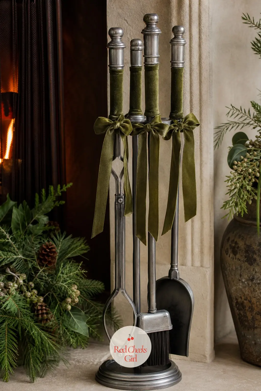 The Fire Tools, Wrapped in Olive Velvet Ribbon — A single wrap of olive velvet ribbon around the handle of each fireplace tool turns a utilitarian set into