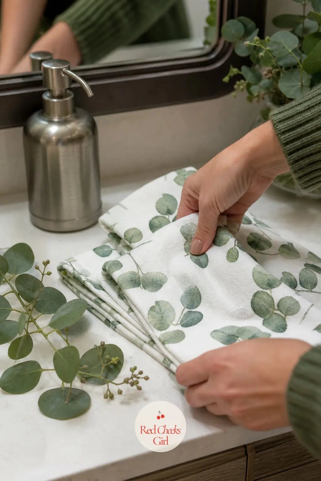 The Guest Bath, Finished With Eucalyptus Hand Towels — A set of hand towels printed with a pressed eucalyptus sprig closes the theme exactly where it started
