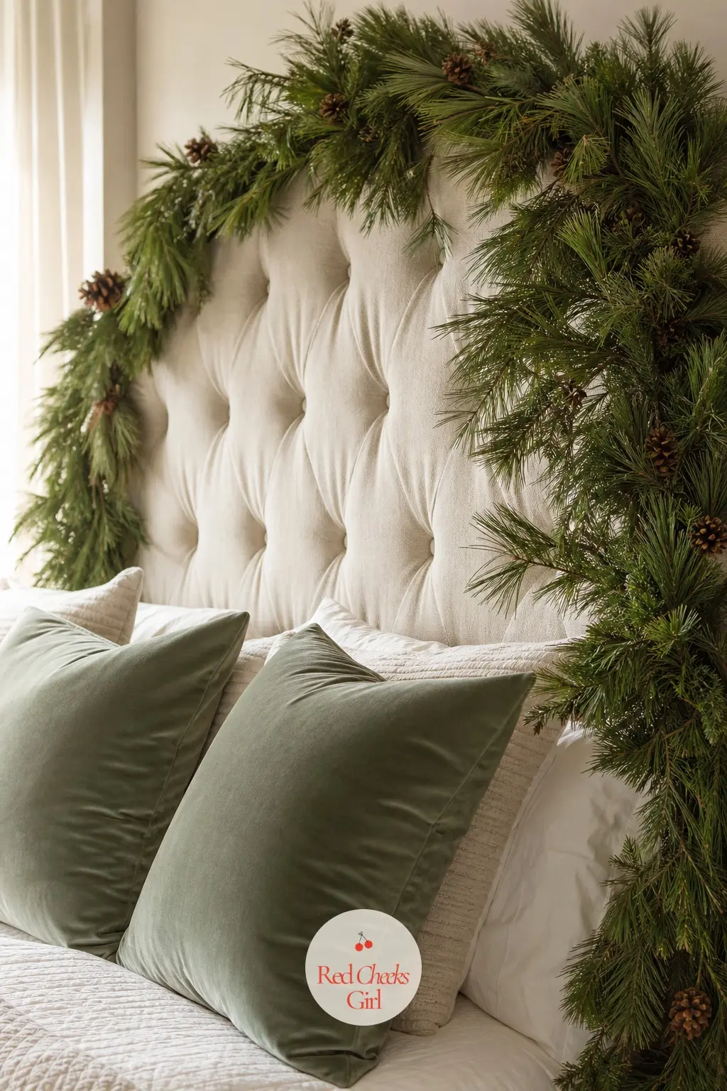 The Headboard, Framed in a Fresh Pine Garland — A loose pine garland framing the headboard brings the theme into the one room most lists skip, without crowding