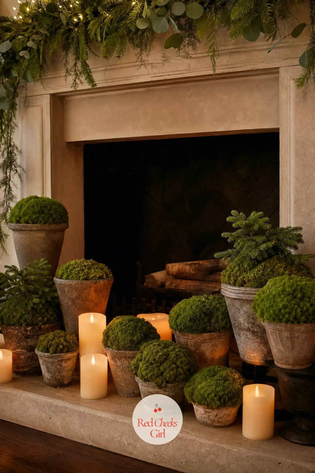 The Hearth, Banked With Potted Moss and Pillar Candles — Below the mantel, the empty hearth takes a bank of moss-topped pots in three heights, the closest this
