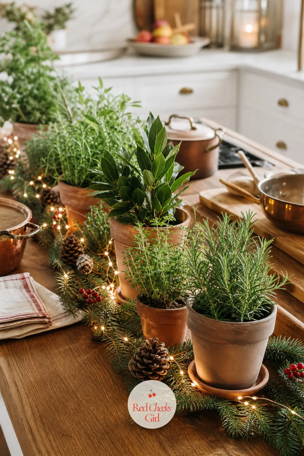 The Kitchen Island, Lined With Potted Herbs and Fairy Lights — A row of potted rosemary, thyme and bay along the island brings the lightest sage green into