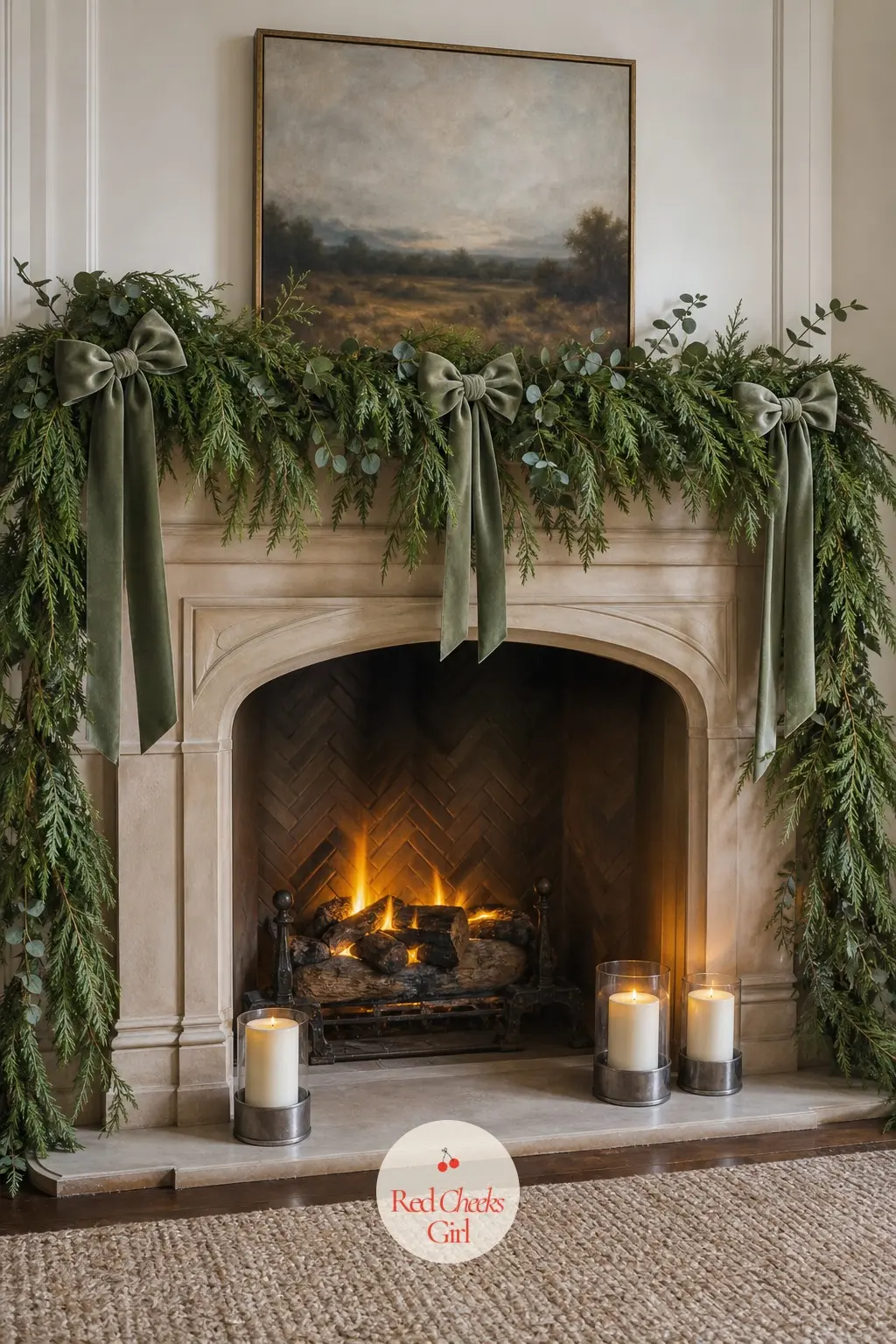 The Mantel, Dressed in Fresh Cedar and Sage Velvet — A fresh cedar garland, left loose rather than pulled taut, carries the deepest green across the mantel
