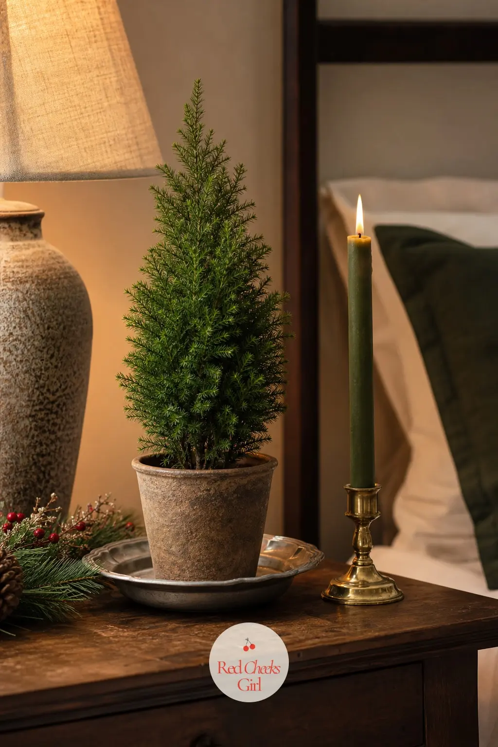 The Nightstand, Set With a Mini Potted Cypress — A single mini potted cypress on the nightstand is the smallest living tree in the whole house, and it is