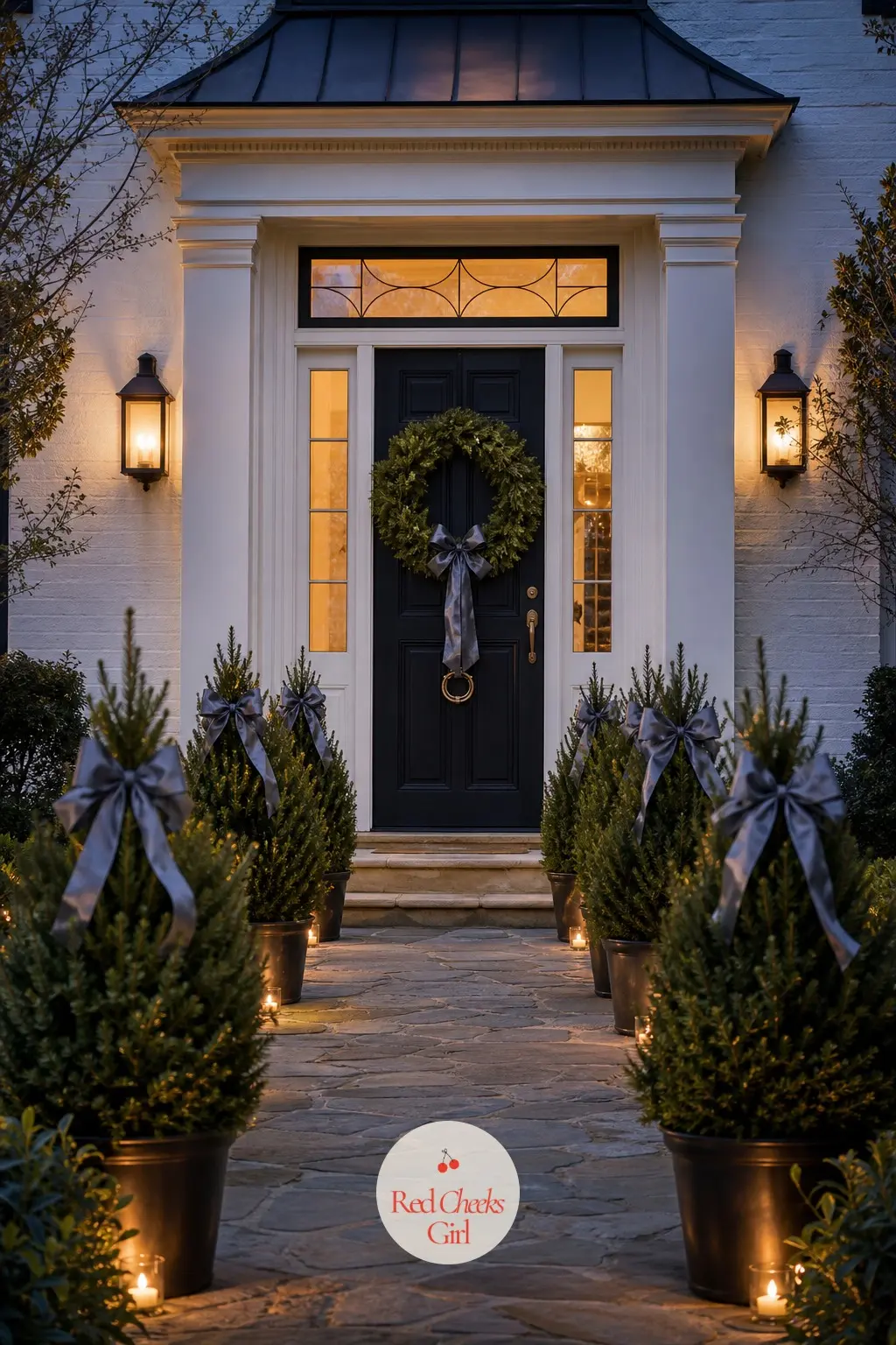 The Path to the Door, Lined With Potted Spruce — A run of potted dwarf spruce down each side of the path does the work six separate lanterns used to do, and it