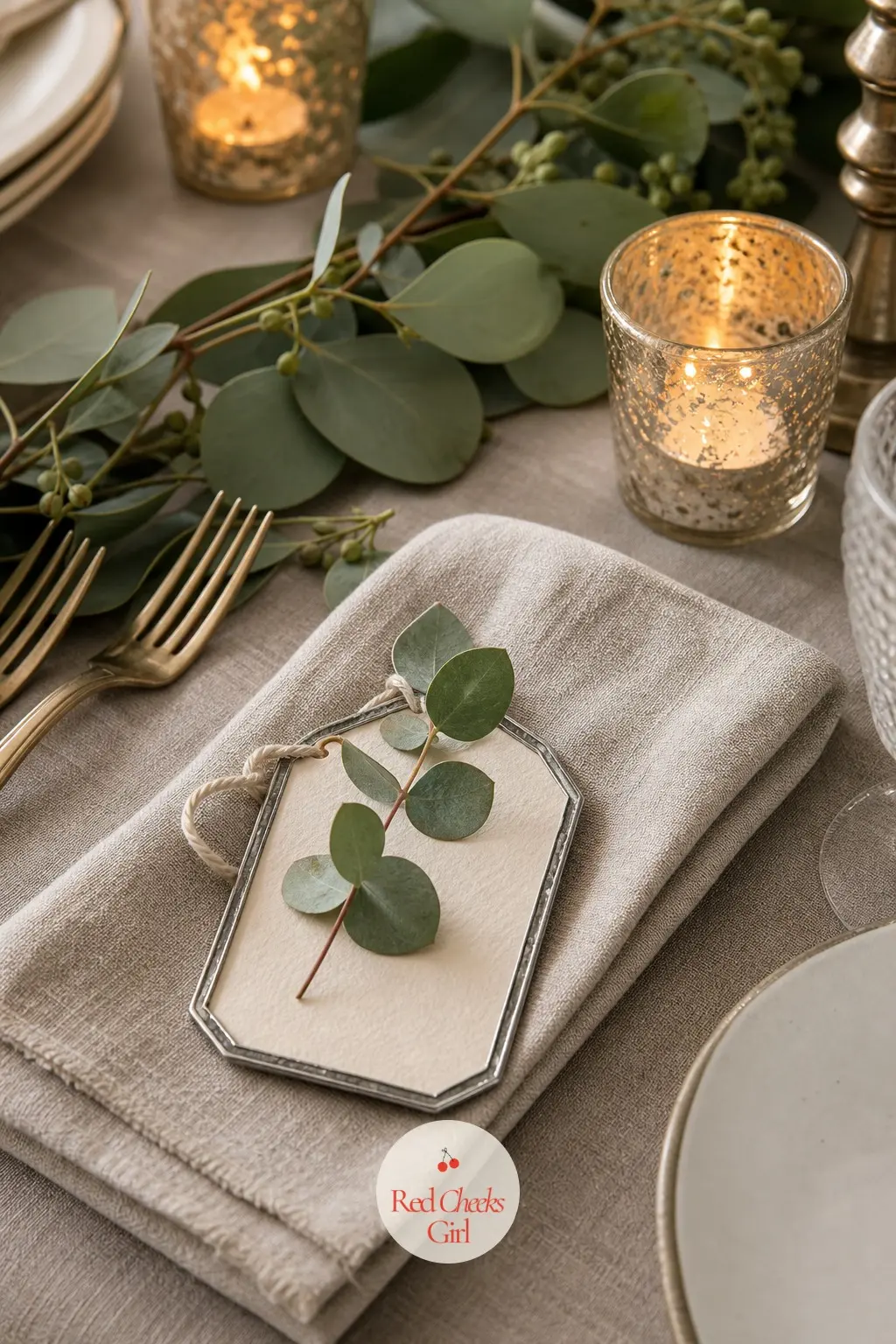 The Place Cards, Marked With Eucalyptus Sprig Tags — Each place card gets a single pressed eucalyptus leaf glued to a pewter-edged tag, which is the motif at