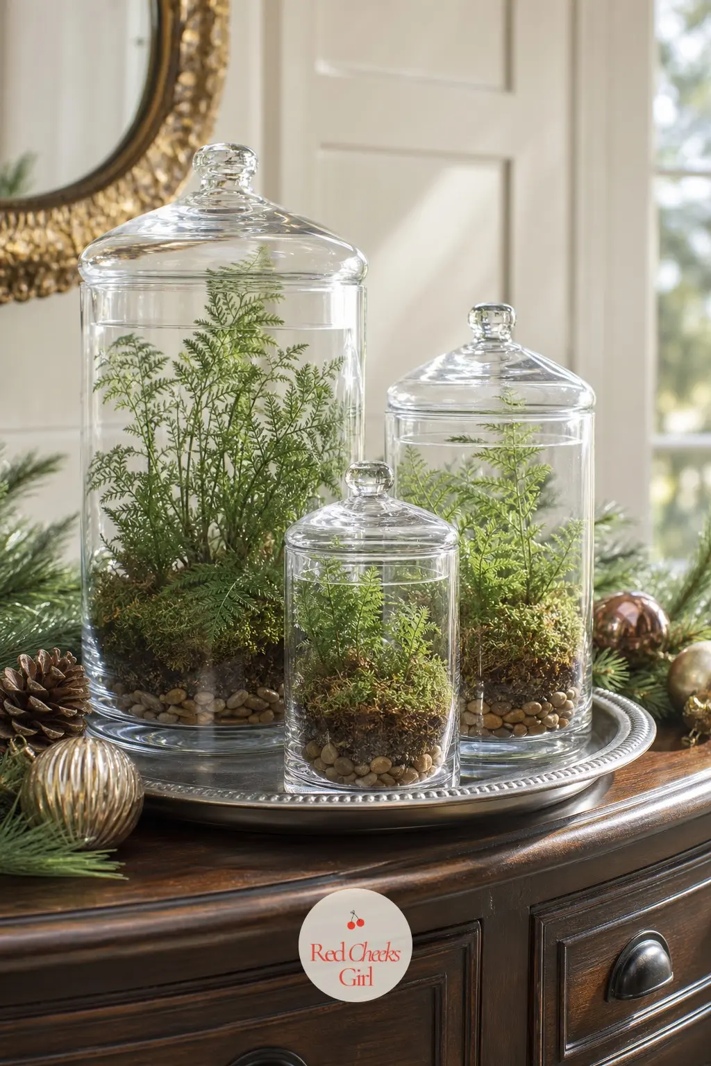 The Sideboard, Set With a Terrarium Trio — Three glass terrariums of graded sizes, each holding a small living fern or air plant, turn the sideboard into the