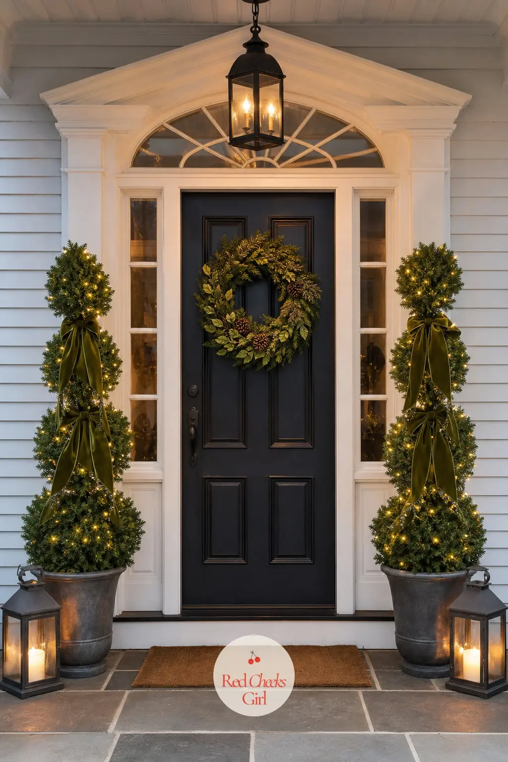 The Topiary Pair, Flanking the Front Door — Two matched topiary trees either side of the door do more for curb appeal than a wreath ever could, and a wrap of