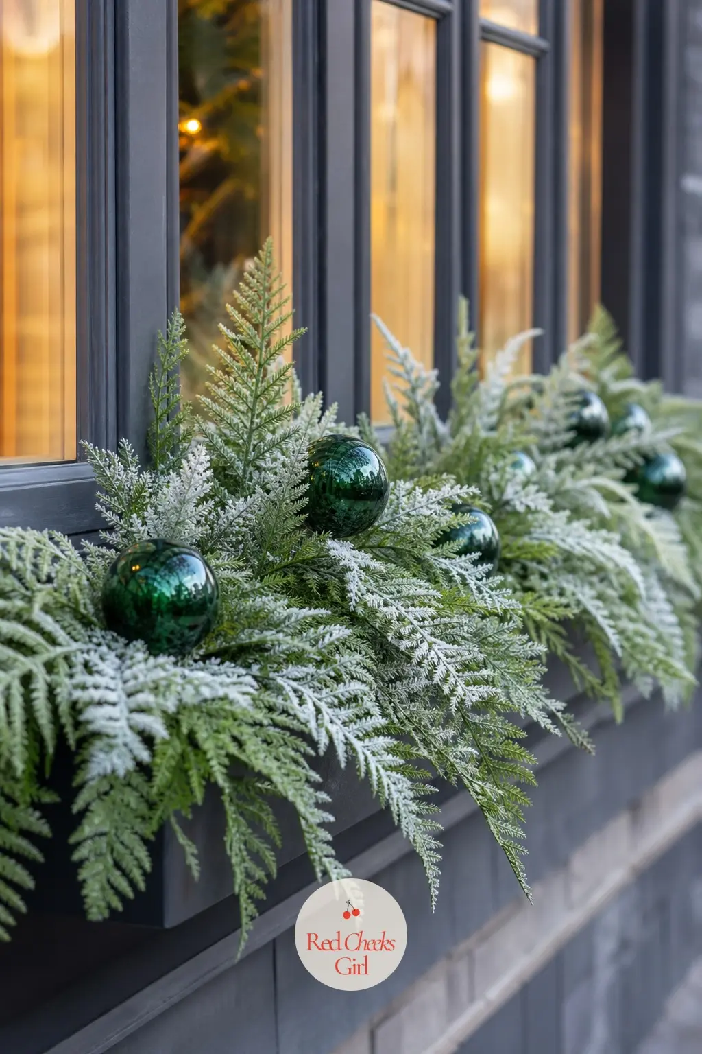 The Window Boxes, Planted With Frosted Fern — Faux fern picks dusted with a frosted finish fill the window boxes without the droop real greenery gets by