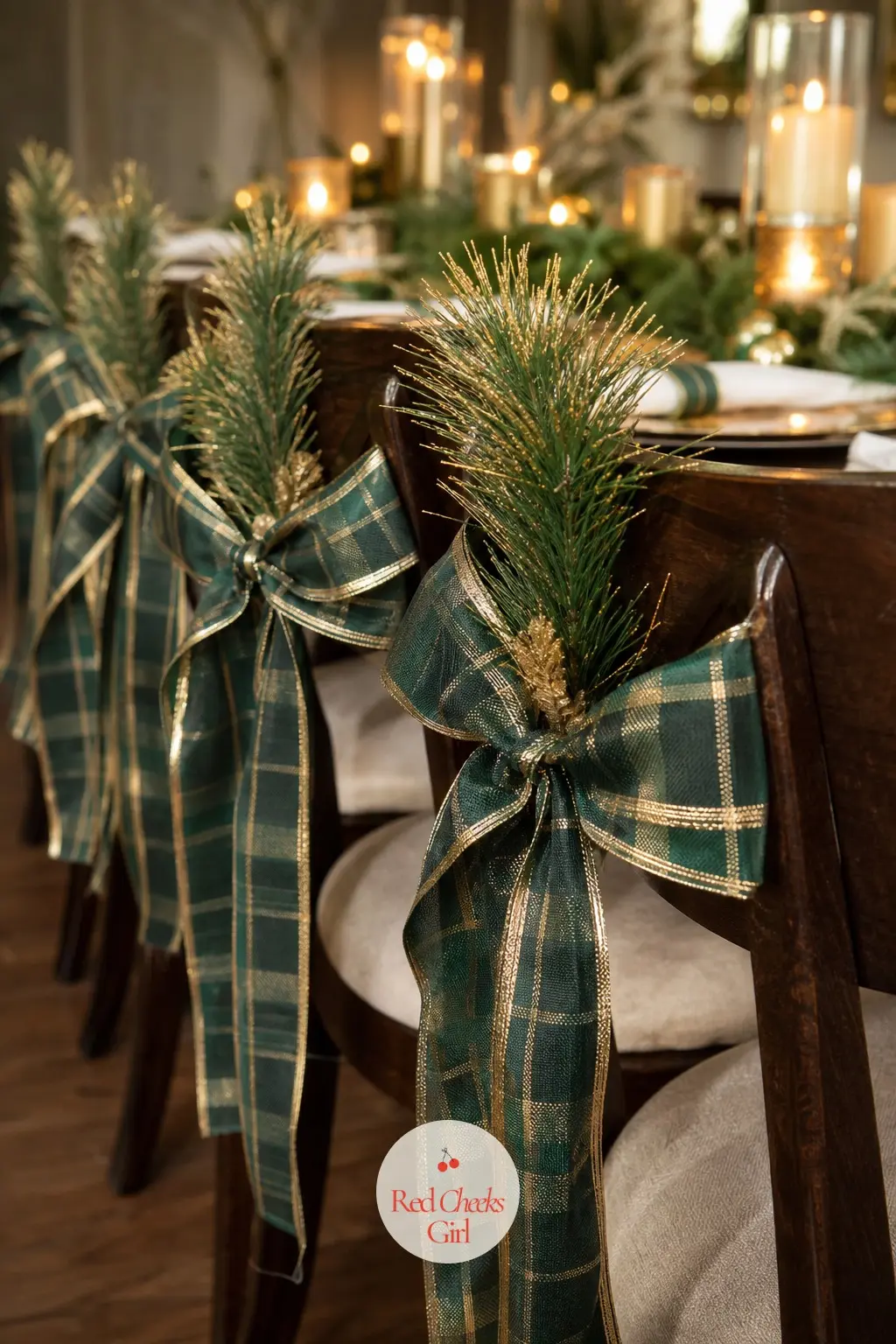 The Chair Backs, Tied in 6 Tartan Bows and Sprigs of Gold-Cuffed Pine — Six dining chairs tied with green and gold tartan bows, each with a small sprig of