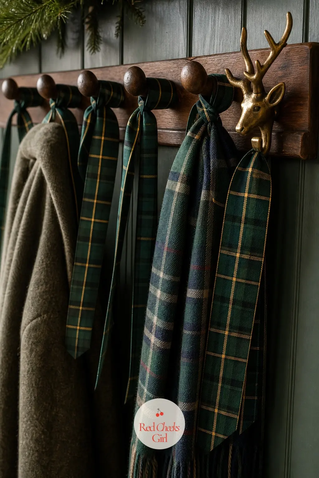 The Cloakroom Pegs, Hung with Tartan Ribbon and a Brass Stag Clip — Coat pegs are the most overlooked square foot in most houses, and the easiest to dress.