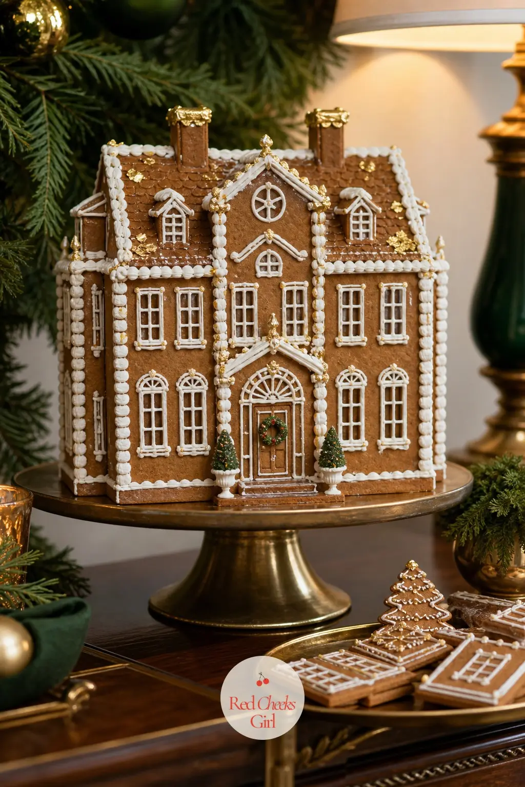 The Dessert Sideboard, Set with a Gingerbread Manor House in Gold Leaf — Instead of a plate of plain gingerbread men, the sideboard carries one gingerbread
