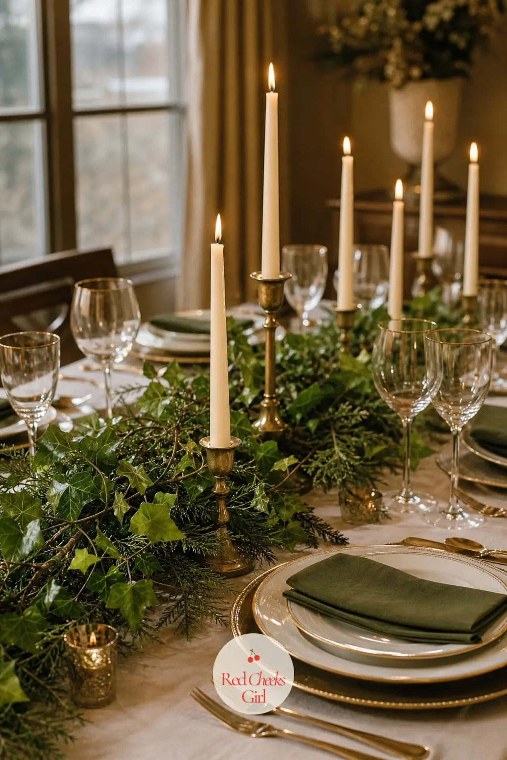 The Dining Room, Lit Beneath a Low Garland of Ivy and Candlelight — Before the table is set, the room itself needs its moment: a low trailing garland of ivy