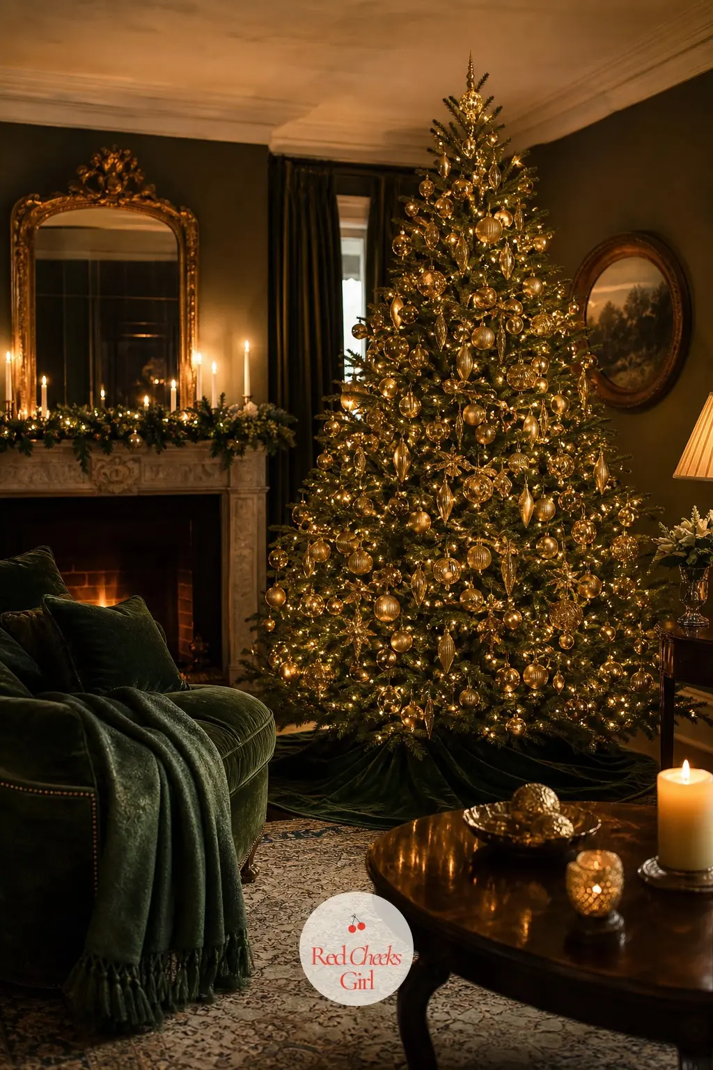 The Drawing Room, Dressed in Bottle Green Velvet Around a Candlelit Tree — This is the widest shot in the house and the one that makes a reader stay: a tree