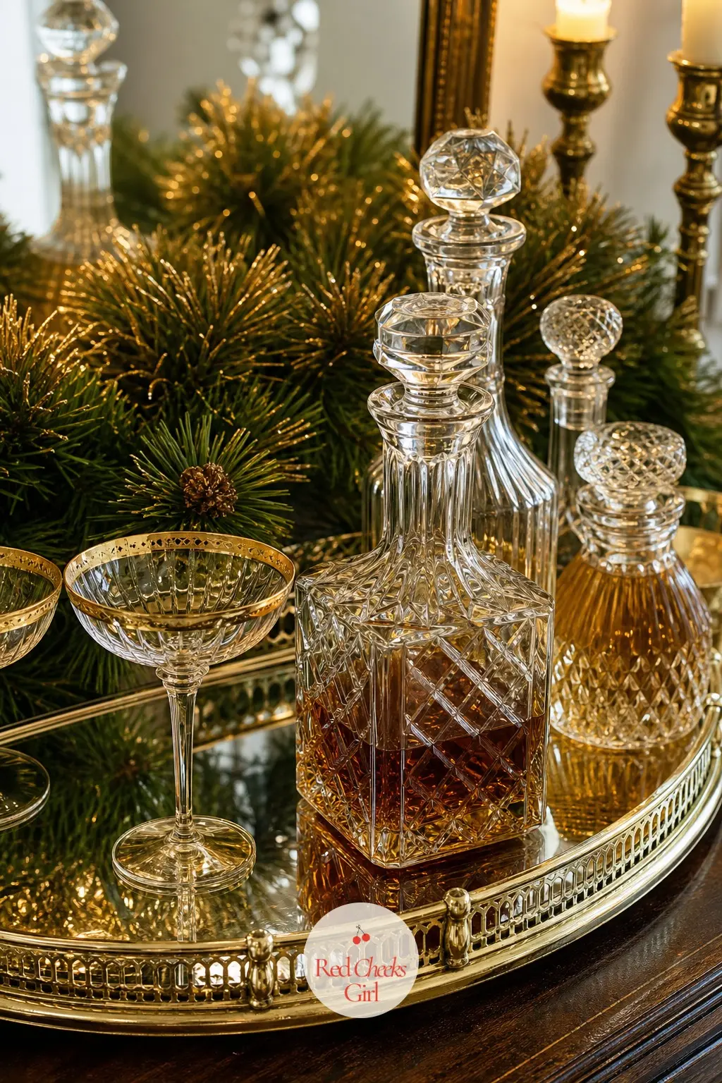 The Drinks Tray, Set with Crystal Decanters and a Trail of Gilded Pine — A mirrored tray on the sideboard holds the evening's drinks and reflects twice as much