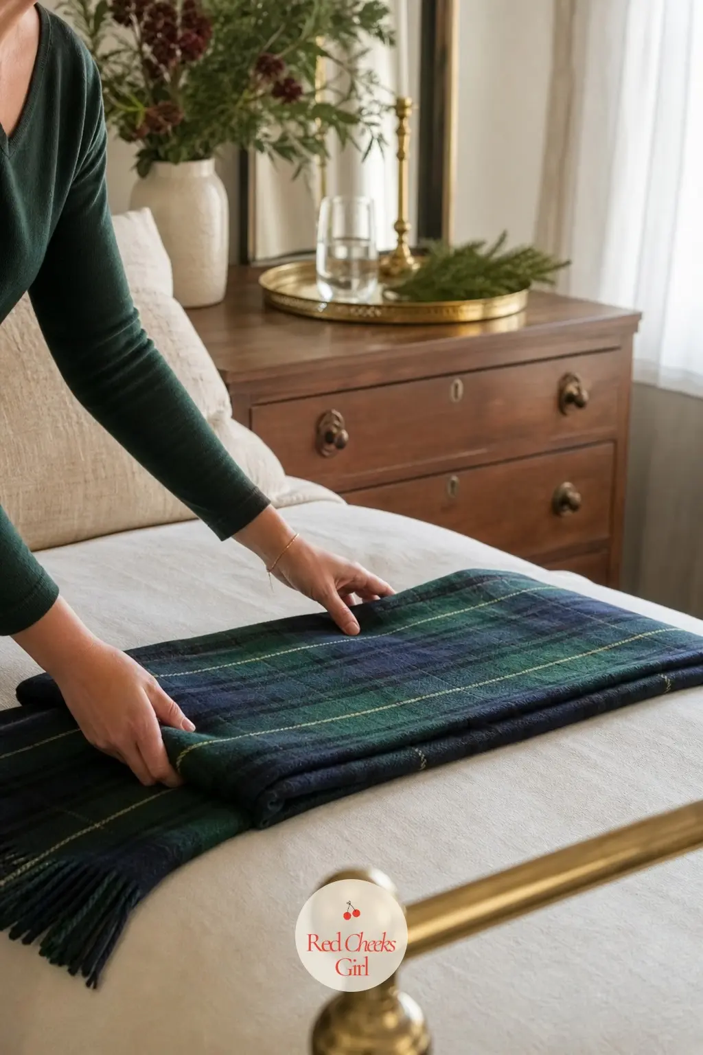 The Guest Room, Dressed in Bottle Green Tartan and a Brass Bed Tray — A guest staying over notices the small things: a bottle green tartan throw folded across