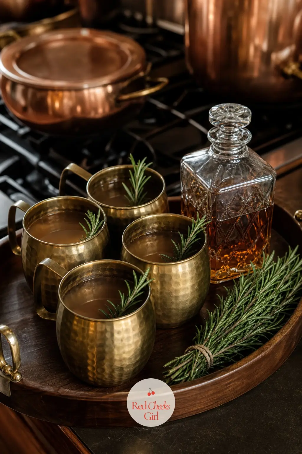 The Hot Toddy Tray, Set with Brass Mugs and a Sprig of Rosemary — A wooden tray kept near the kitchen stove, set with a set of brass mugs, a small glass