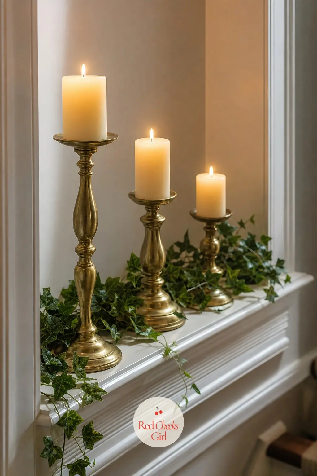 The Landing Alcove, Styled with a Trio of Brass Candlesticks and Ivy — Every staircase has a small alcove or window ledge at the top that usually sits empty.
