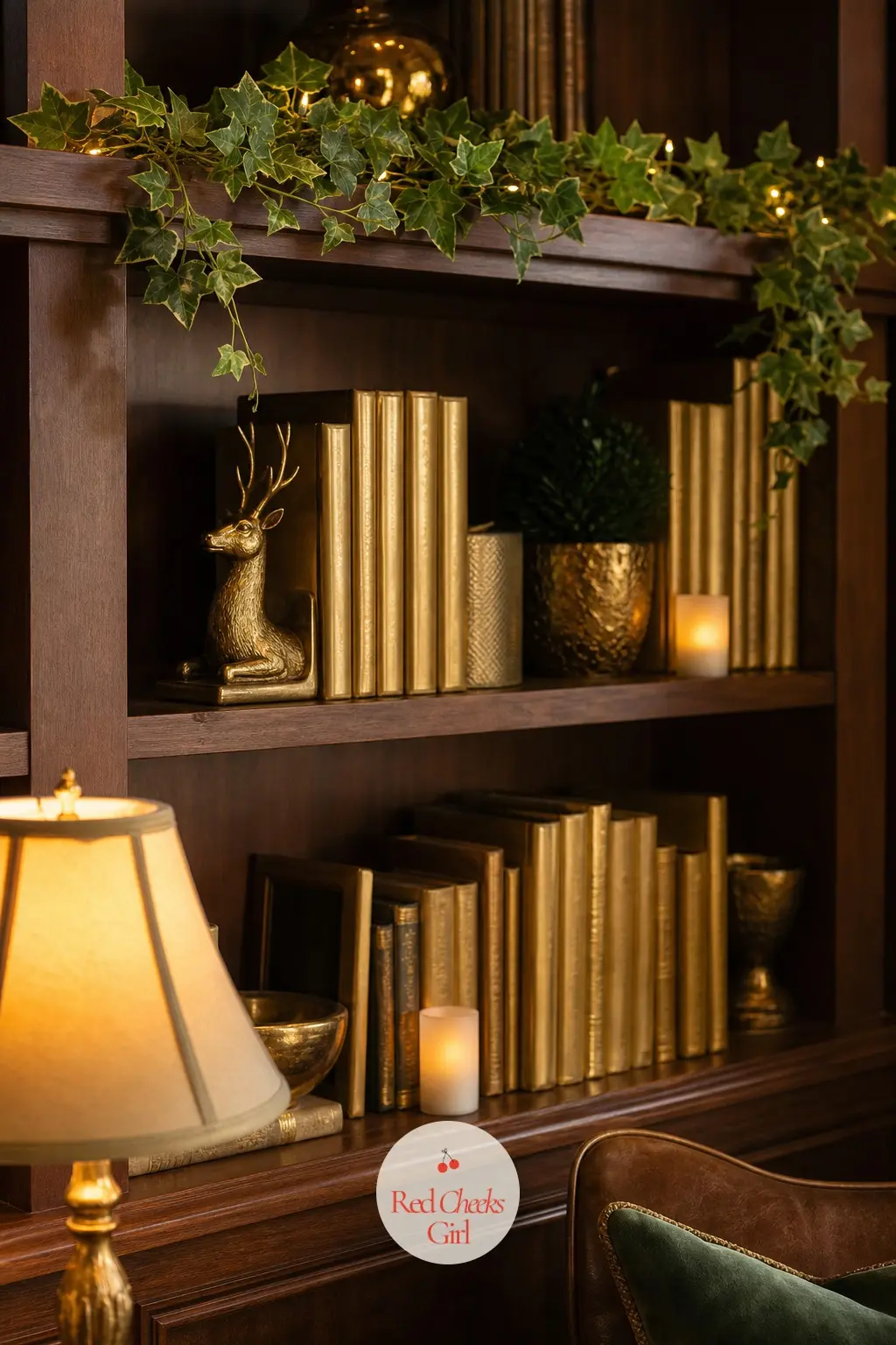 The Library Shelves, Styled with Gold-Spined Books and Trailing Ivy — A library needs almost nothing extra at Christmas if the books already lean gold and