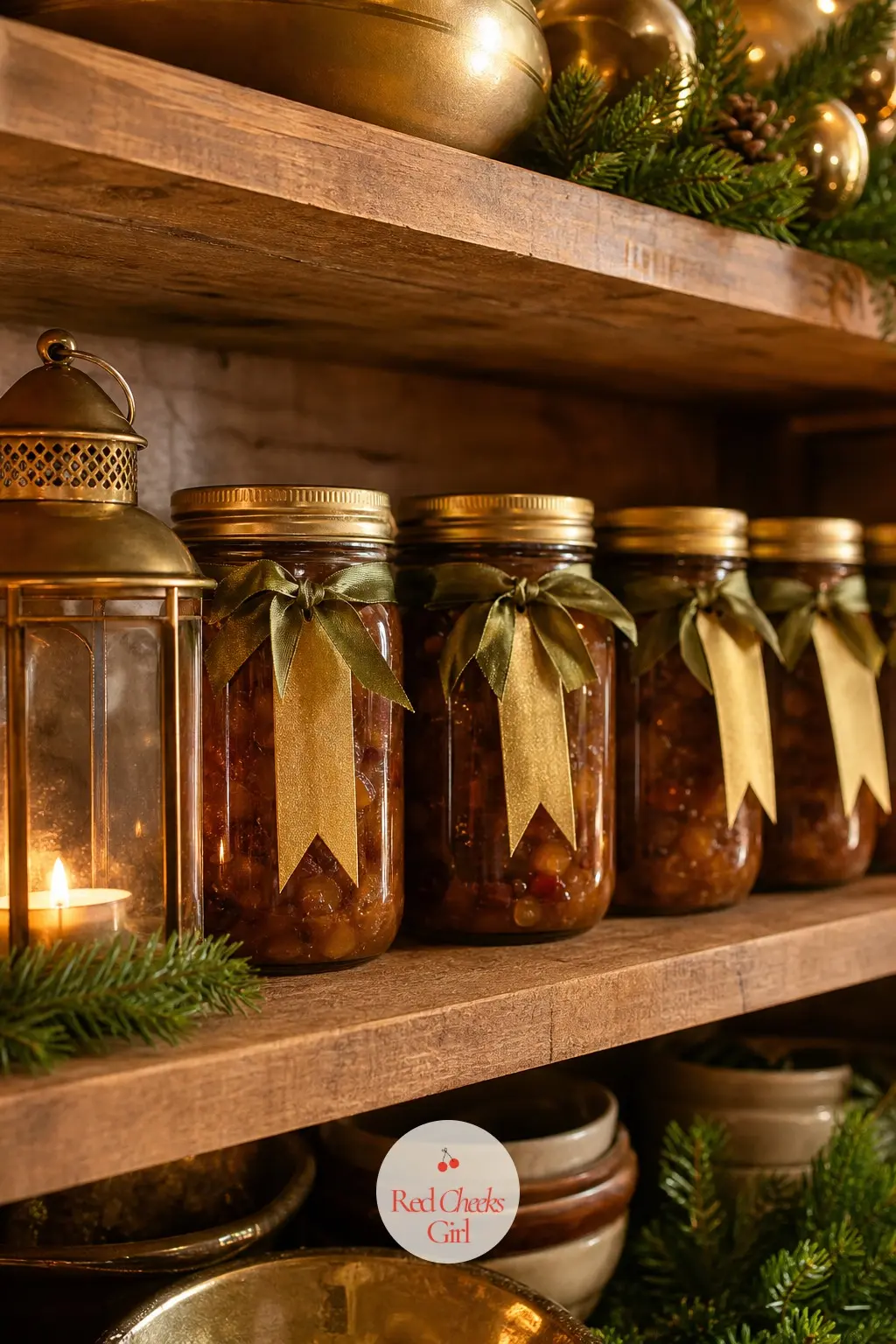 The Pantry Shelf, Lined with Jars of Spiced Chutney and Gold Ribbon Labels — A pantry shelf lined with glass jars of homemade or shop-bought spiced chutney