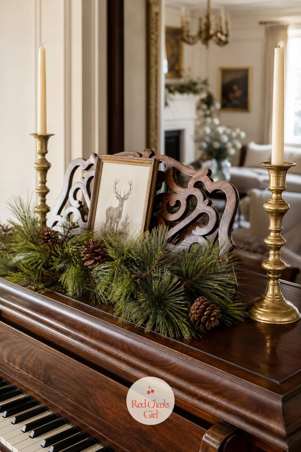The Piano Top, Styled with Brass Candlesticks and a Swag of Pine — If there is a piano in the house, its lid is the best unclaimed surface for Christmas. Green