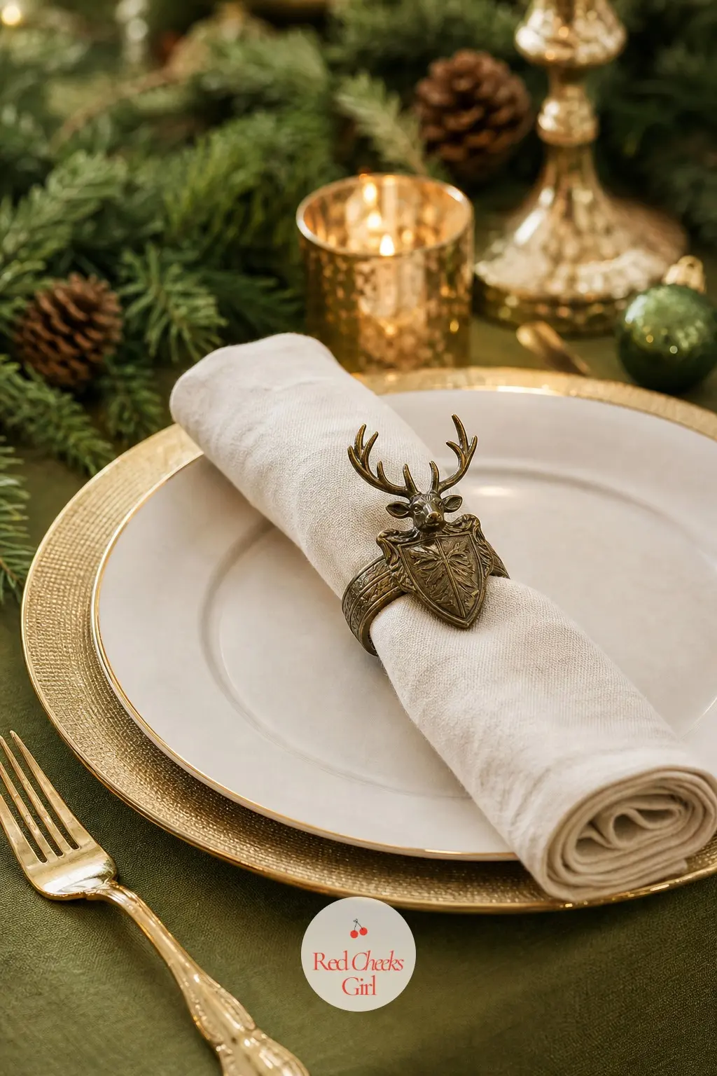 The Place Setting, Laid with a Stag-Crest Napkin Ring and Gold Cutlery — One finished place setting says more than a whole table photographed from above: a