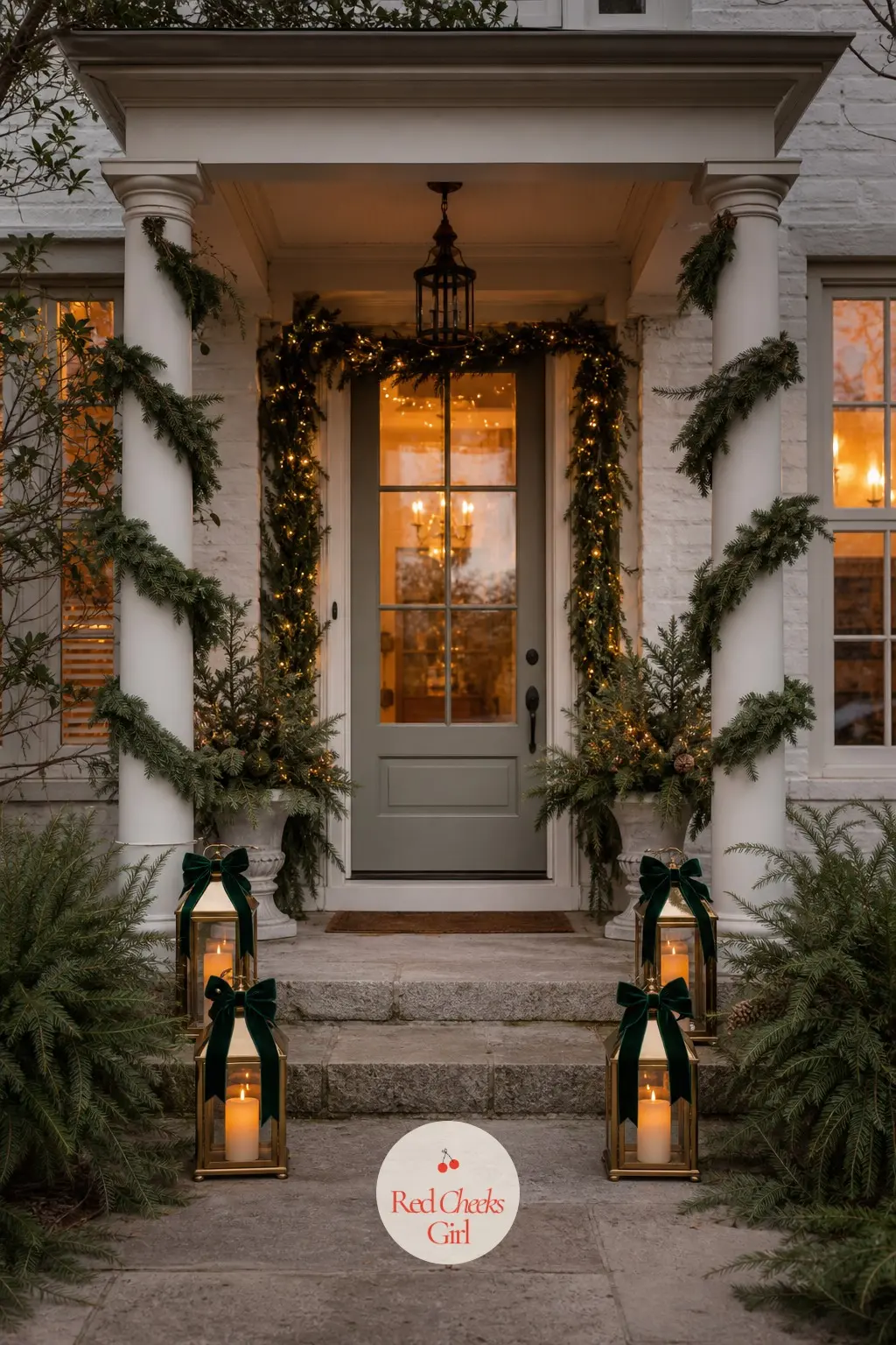 The Porch Lanterns, Lit in Brass and Looped with Bottle Green Ribbon — A pair of brass lanterns either side of the door does more for the walk up than any
