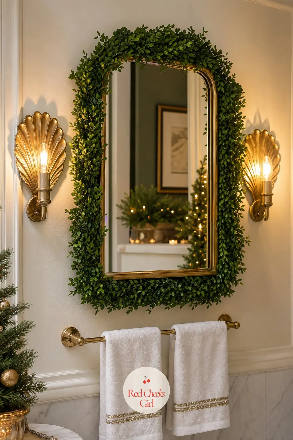 The Powder Room Mirror, Framed in Boxwood and a Brass Shell Sconce — A small boxwood wreath hung directly over the powder room mirror, with a brass shell