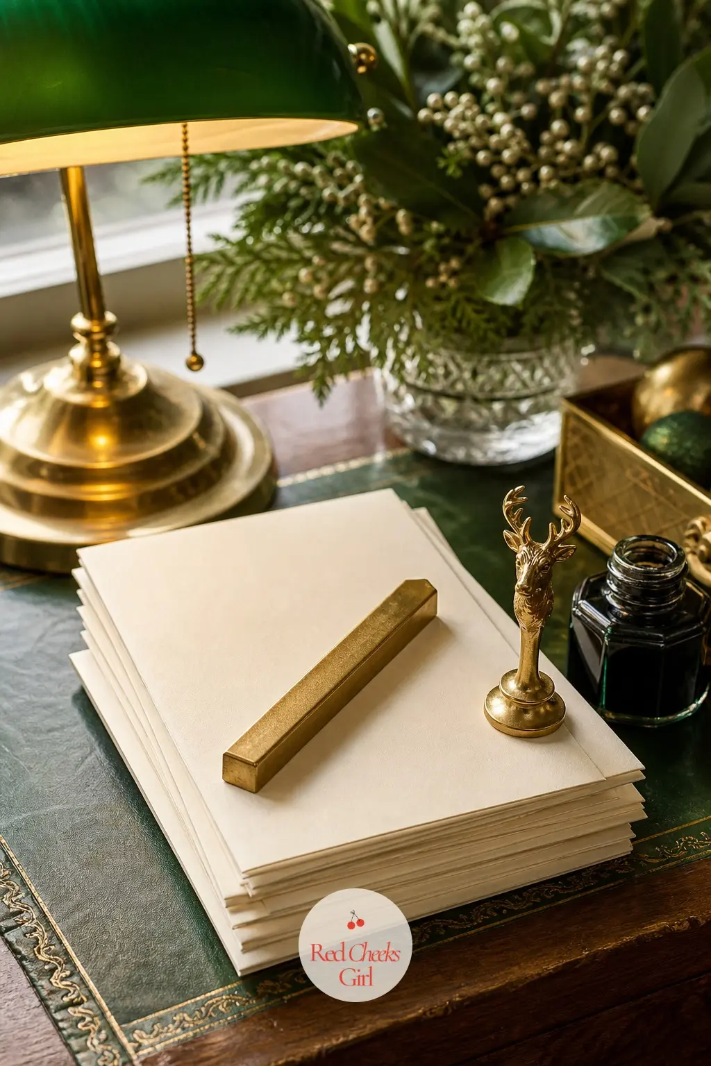 The Study Desk, Set with Gold Sealing Wax and a Stack of Cards — A desk set up for writing Christmas cards properly, with a stick of gold sealing wax and a