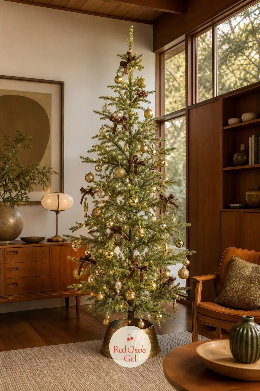 An Avocado Green Sparse Tree Among the Teak — Mid-century furniture does not want a dense, full tree crowding its clean lines, so this one is deliberately