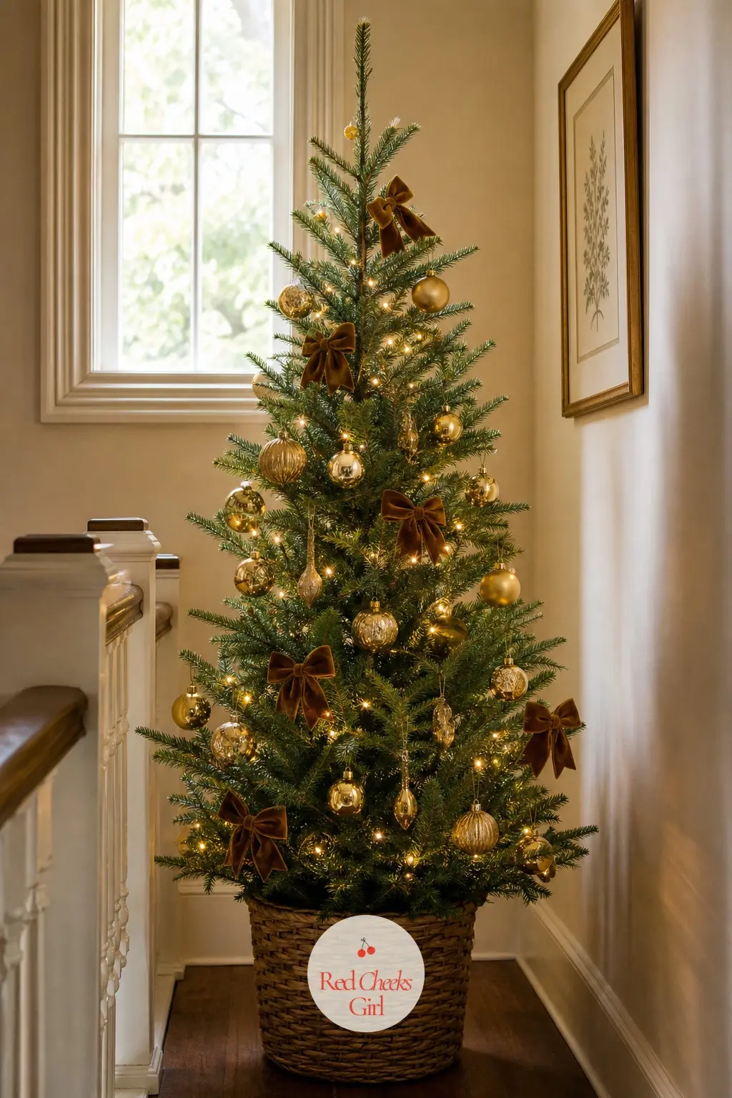 A Balsam Green Pencil Fir Lighting the Landing — A landing is a corridor, not a room, so this slim pencil fir in balsam green goes up against the wall rather