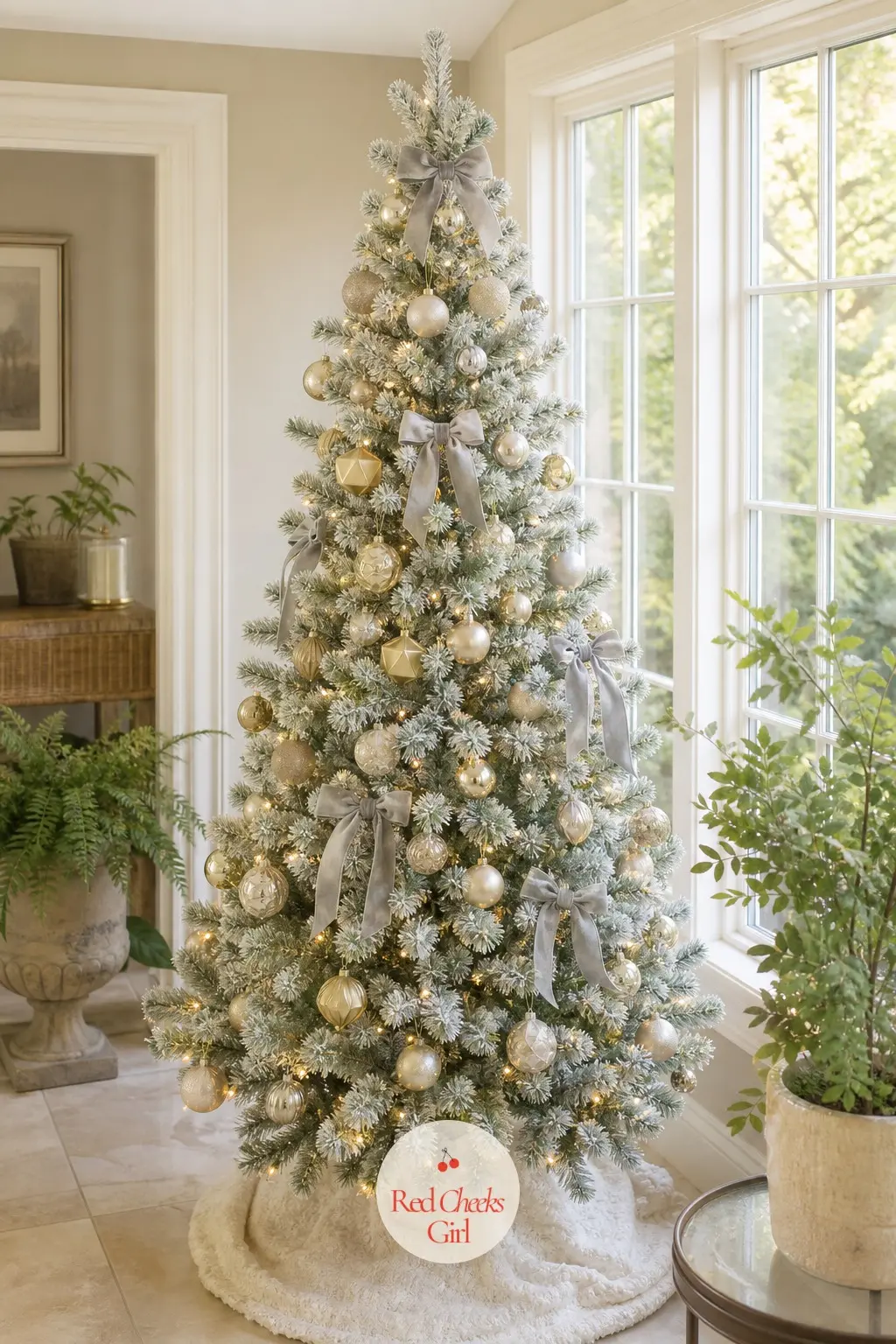 A Celadon Flocked Tree Catching the Sunroom Light — Flocking usually goes white, but this one is flocked in pale celadon, a soft grey-green that reads almost