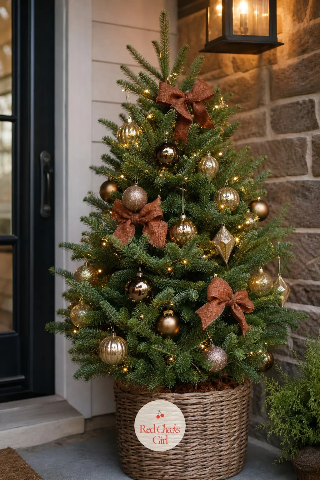 A Cypress Green Potted Fir Guarding the Front Step — Outdoors asks more of a tree than indoors does, so this small potted fir in cypress green is chosen for