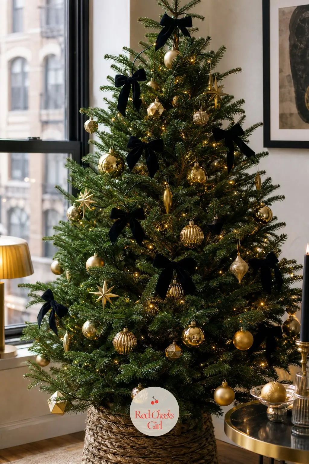 An Emerald Noble Fir Framed by the City Window — This is the tree built to be seen from the street as much as from the sofa: a full noble fir in true emerald
