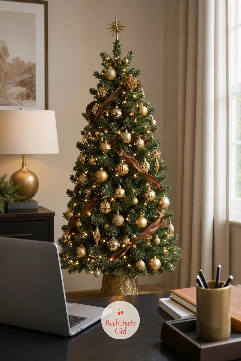 A Holly Green Desktop Tree Behind the Laptop — A home office tree has one job: look festive without getting in the way of a video call, so this small tabletop