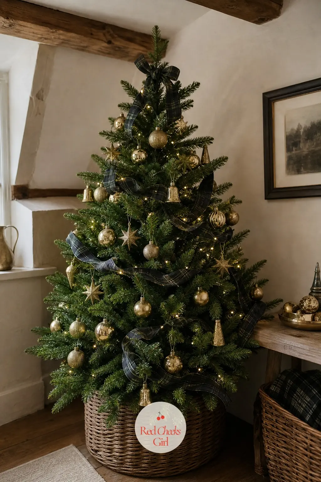 A Hunter Green Pine Tucked Beneath the Beams — Low beams rule out anything tall, so this potted Scots pine in hunter green stays compact and full rather than