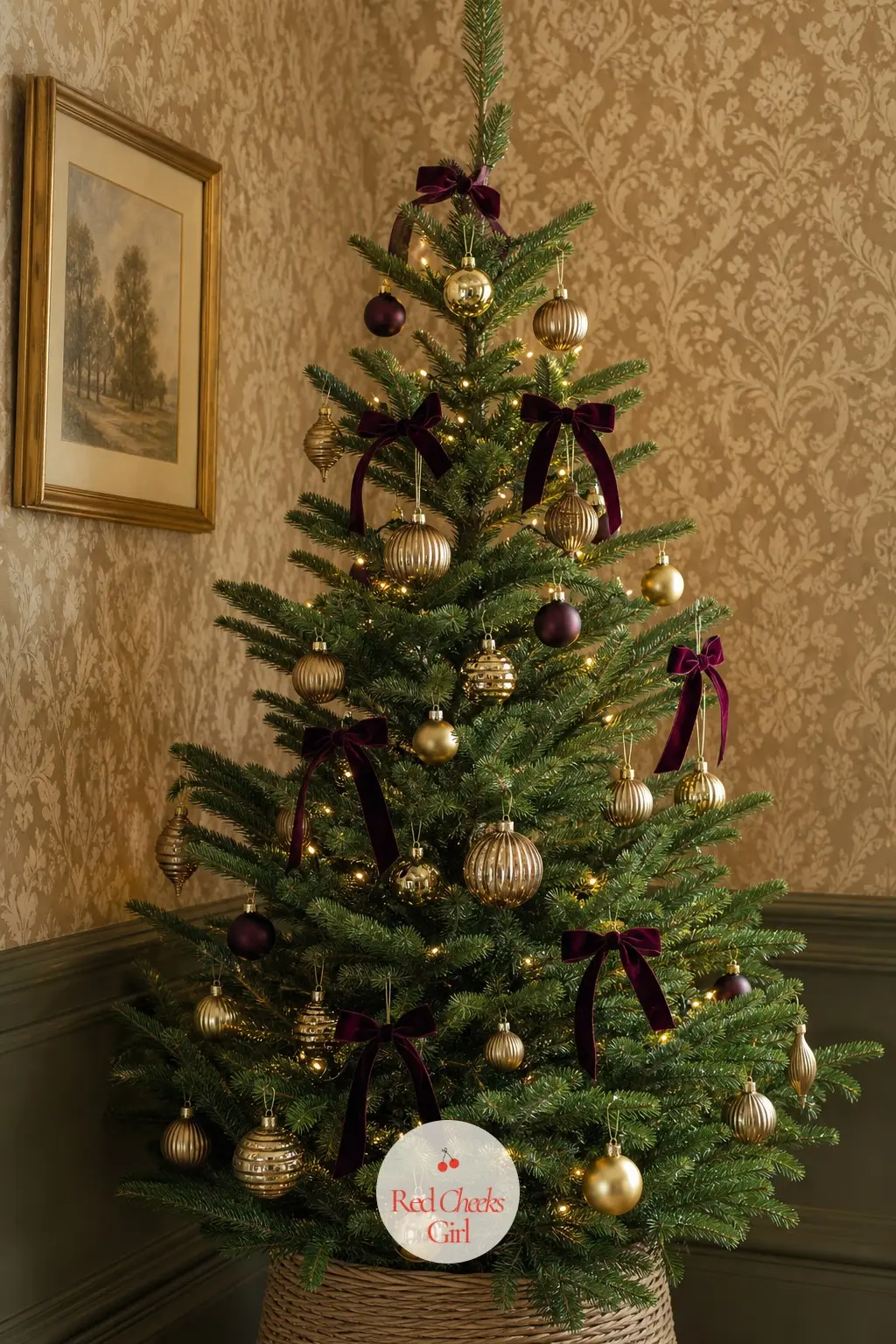 A Laurel Green Fir Standing Against the Wallpaper — Patterned wallpaper is the one background that can swallow a busy tree whole, so this slim fir in laurel