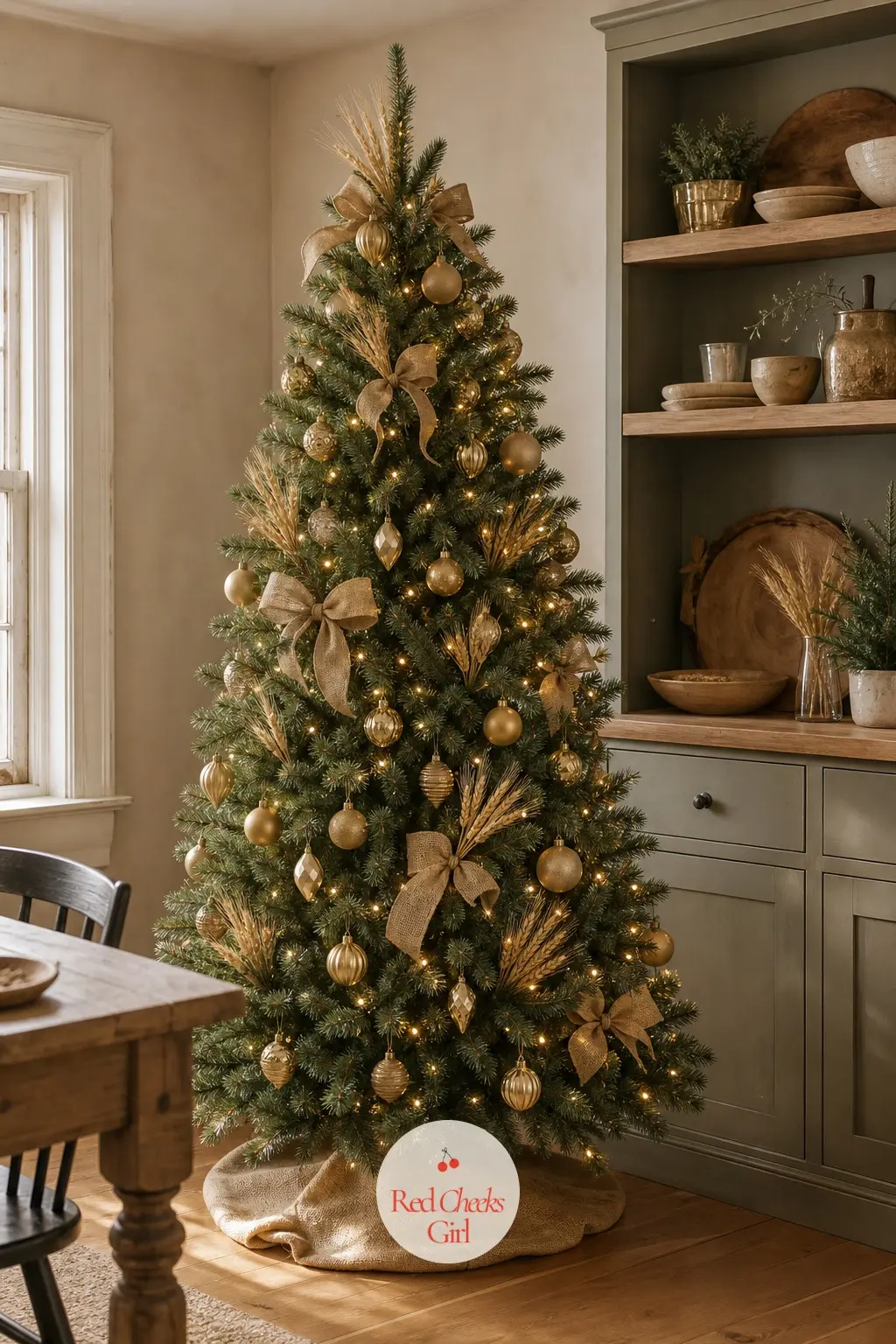 A Loden Green Tree Standing Watch Over the Open Shelves — Open shelves mean flour, jars and the odd stray oven mitt, so this one is a pre-lit artificial tree