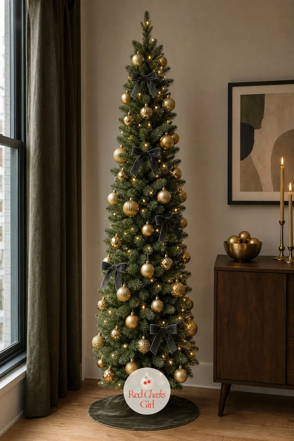 A Moss Green Pencil Tree for the One-Room Flat — One room means the tree has to share its corner with everything else, so this artificial slim pencil tree in