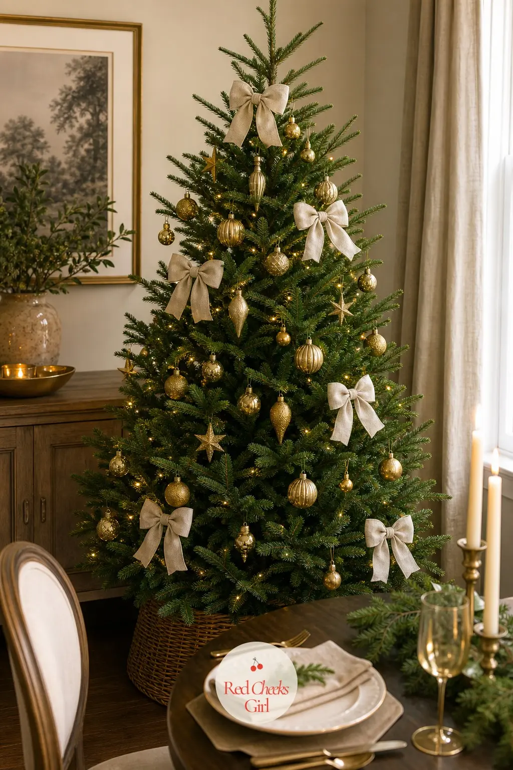 A Myrtle Green Spruce Standing Sentry by the Sideboard — Dining rooms rarely get the tallest tree in the house, so this potted Norway spruce in myrtle green