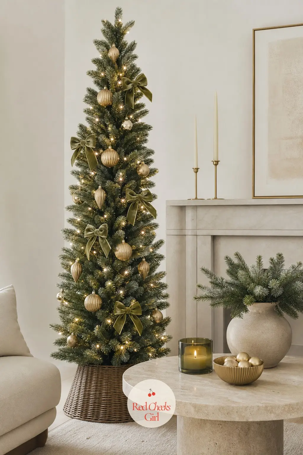 A Pine Green Silhouette Beside the Travertine Table — White rooms show every flaw in a tree's shape, so this one is a slim artificial silhouette in pine green