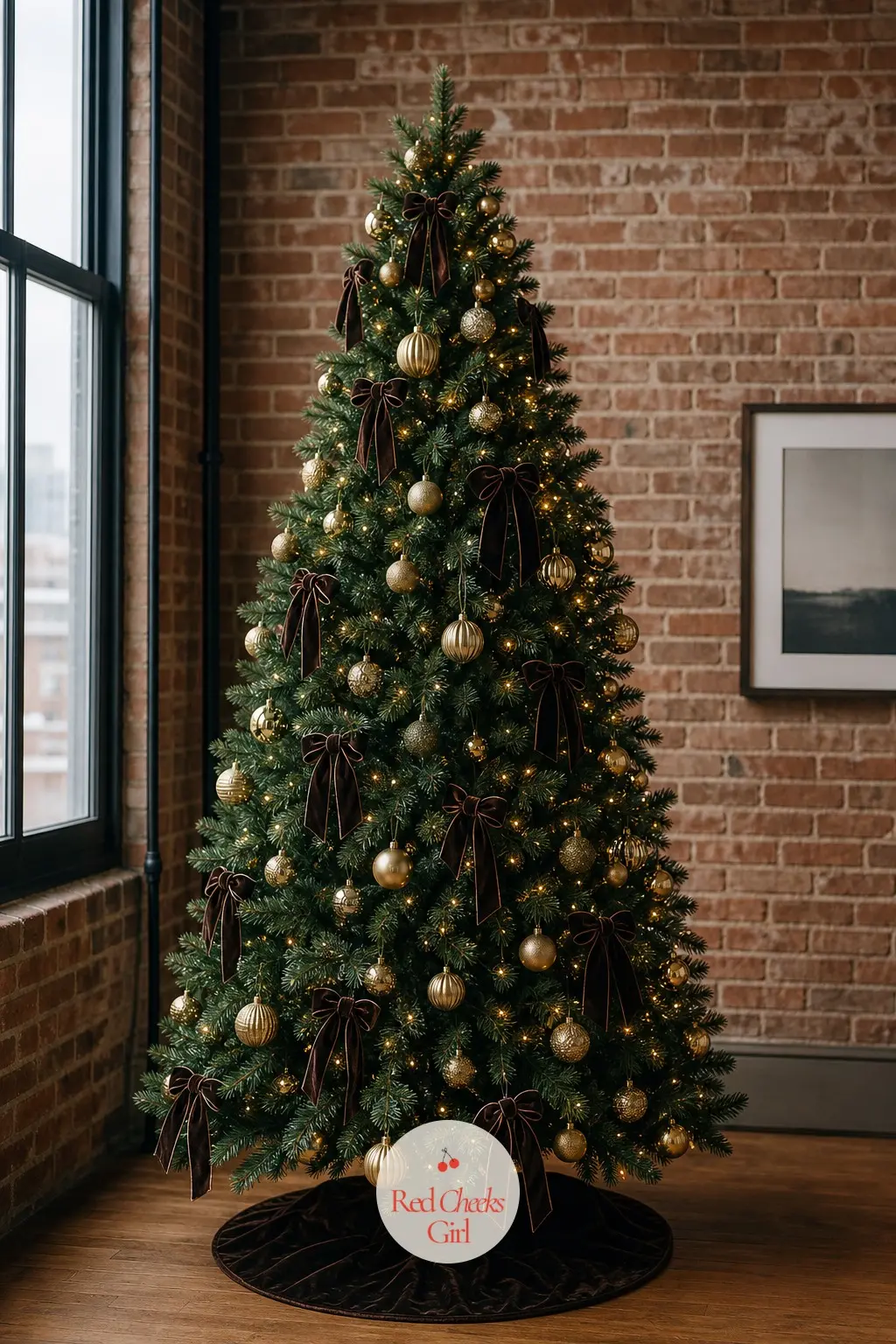 A Racing Green Tree Standing Tall Against the Brick — Brick and tall windows ask for height, so this artificial tree in racing green goes to eight feet, the