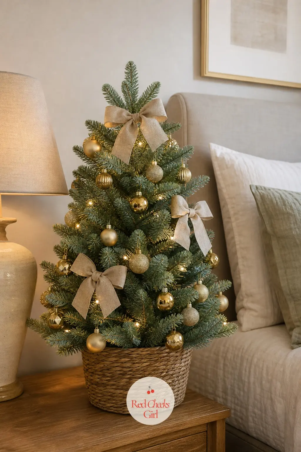 A Sage Green Tabletop Fir on the Nightstand — A bedroom does not need a full-size tree to feel finished, so this small tabletop fir in sage green sits beside