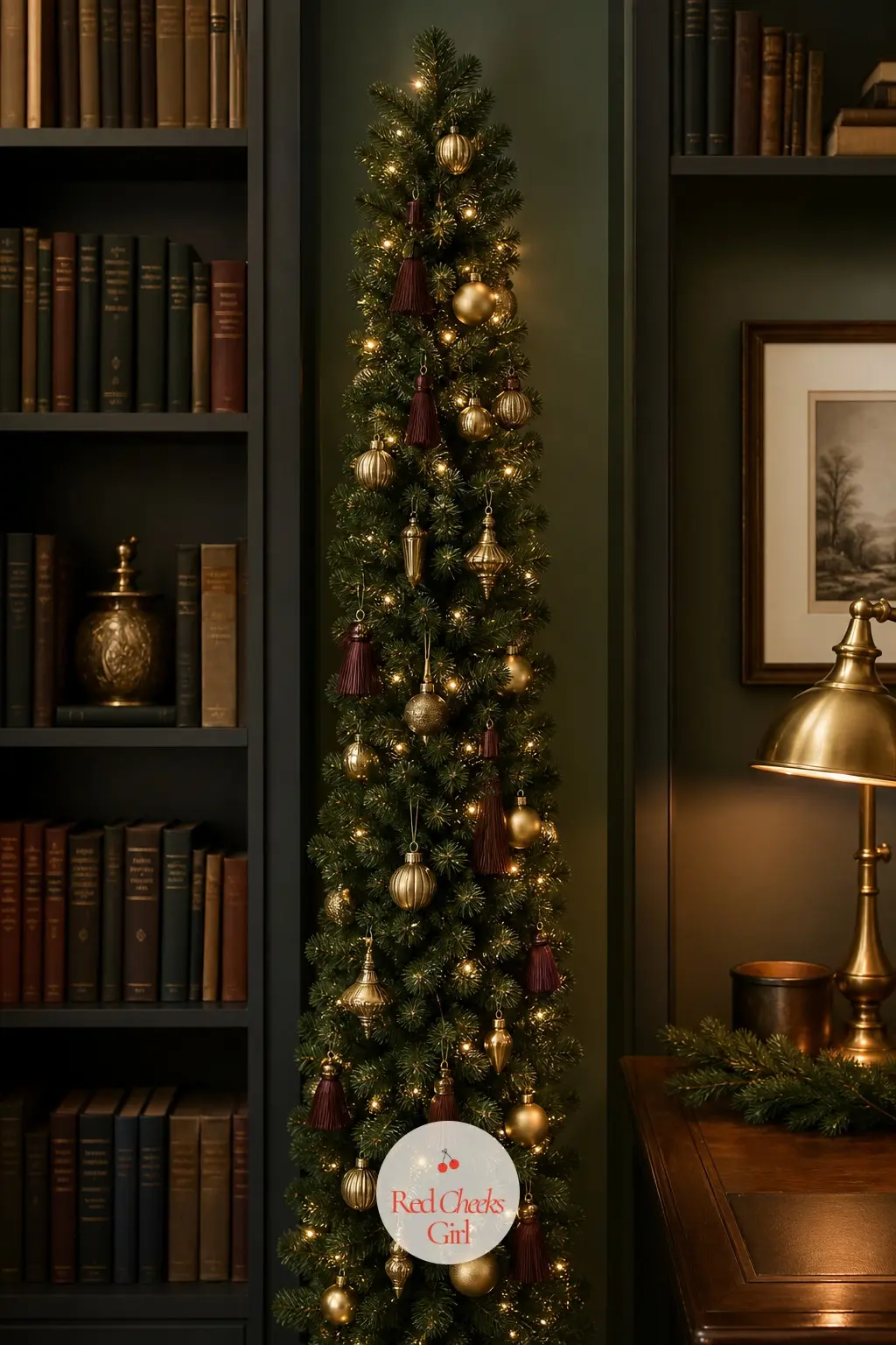 A Slim Forest Green Column Between the Shelves — A study does not have floor space to spare, so this one is an artificial slim pencil tree in deep forest